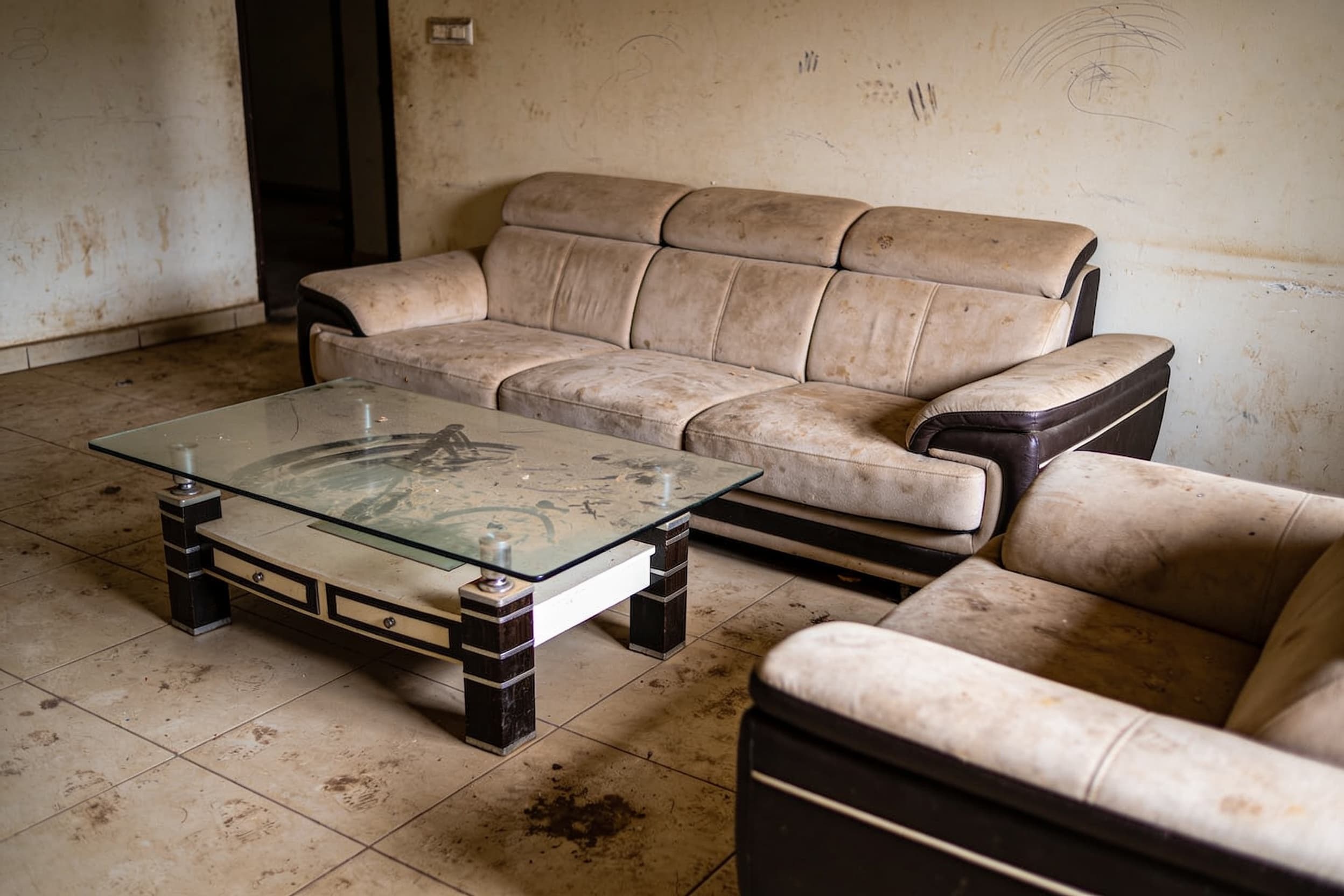 A neglected living room before cleaning