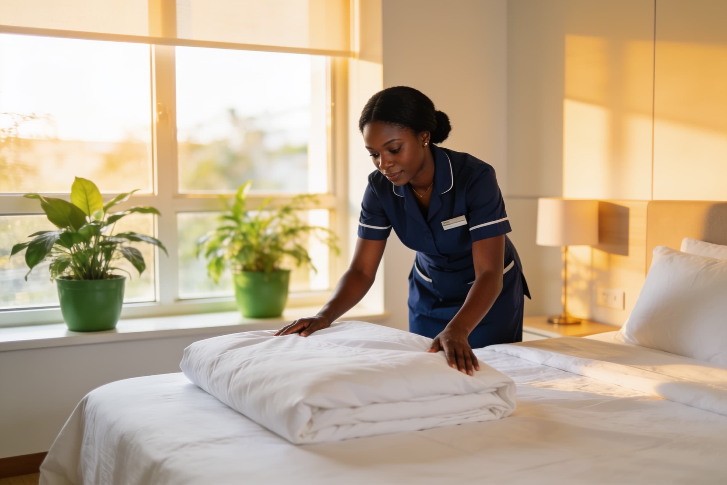 An Oxygen Wash professional preparing a pristine bedroom